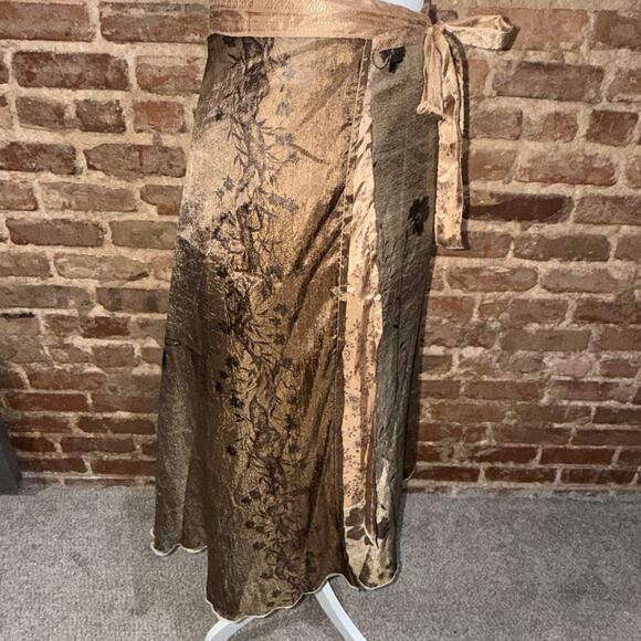 Boutique NWT Reversible Silk Wrap Skirt Floral Bronze Satin Midi Women’s Sz M - Picture 6 of 9